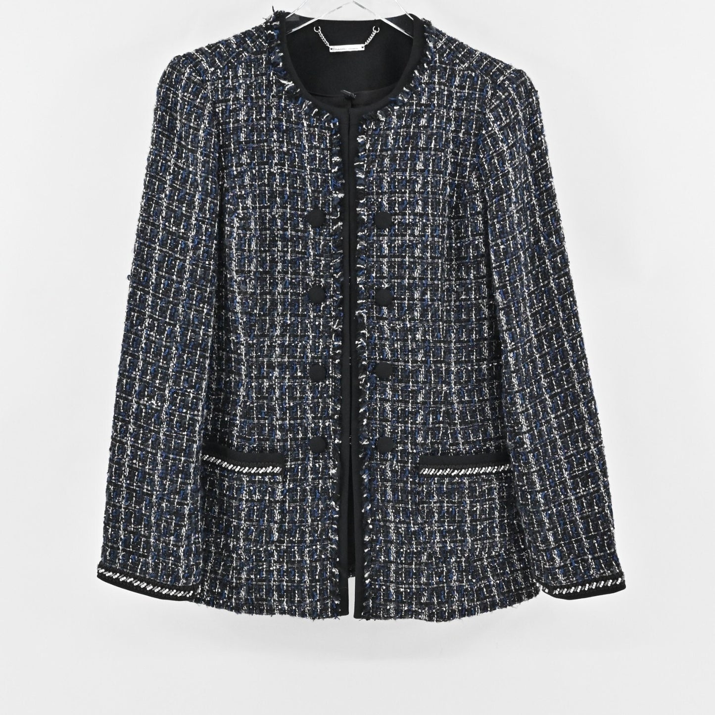 WHBM Blazer Womens Size S Tweed Navy Black Beaded Pearl Jacket Retro Glam Office