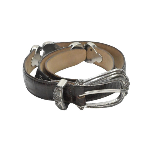 Vtg BRIGHTON Belt Womens Size S/28 Brown Croc Embossed Leather Silver Buckle USA