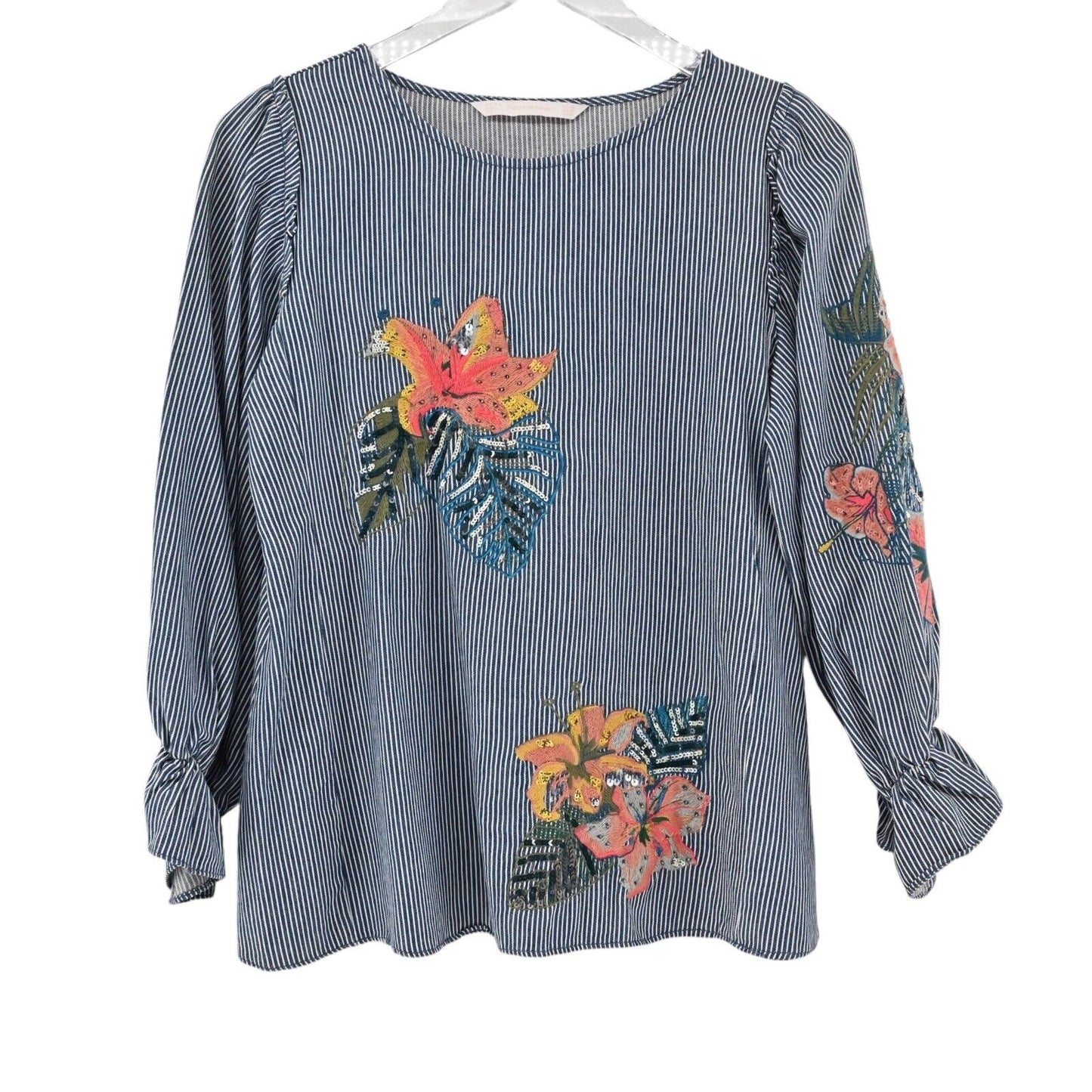 ZARA Top Womens Size XS Blouse Floral Embroidered Stripe Balloon Sleeve Denim