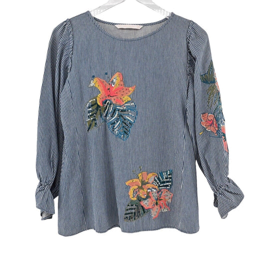 ZARA Top Womens Size XS Blouse Floral Embroidered Stripe Balloon Sleeve Denim