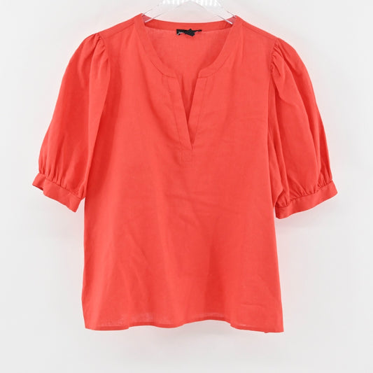 SAKS FIFTH AVENUE Top Womens Size XL Coral Linen Blend Split V Neck Puff Sleeve