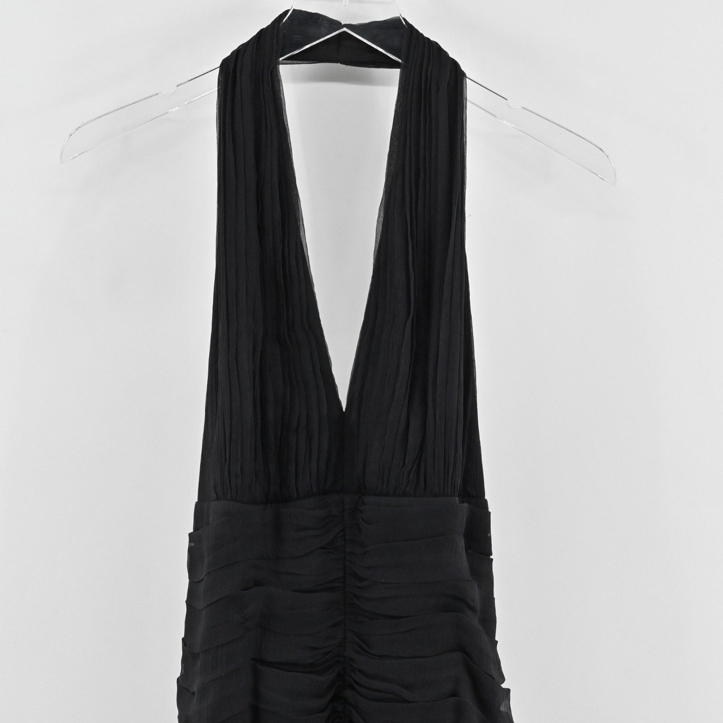 Vtg Y2k Tadashi Bodycon Cocktail Halter Dress Size 10 Black Silk Ruched LBD 90s