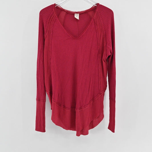 FREE PEOPLE Top Womens Sz S Red V Neck Raglan Long Sleeve Catalina Thermal Boho