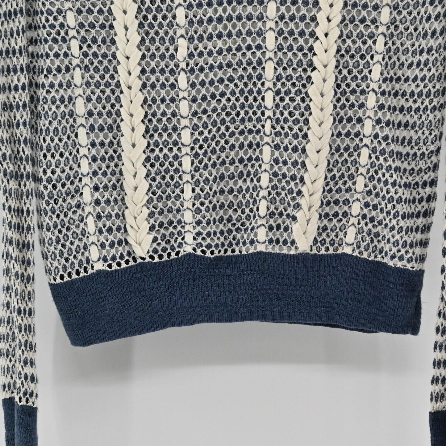 ABERCROMBIE FITCH Sweater Womens Size S Open Knit V Neck Long Sleeve Navy Ivory