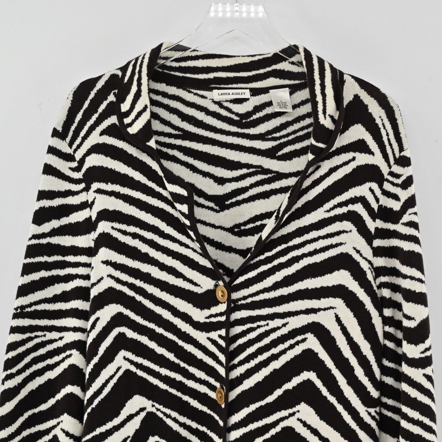 Vtg LAURA ASHLEY Sweater Jacket Womens Size L Zebra Print Button Down Cardigan