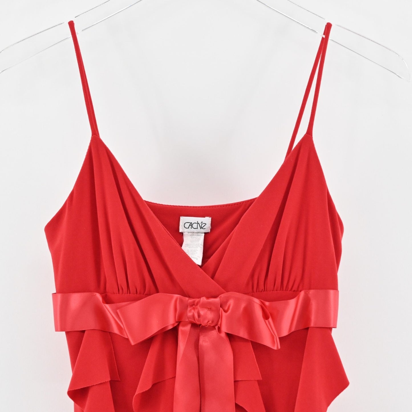 Vtg CACHE Dress Size 6 Red Babydoll Bow Flowy Ruffle Stretch Mini Sleeveless Y2k