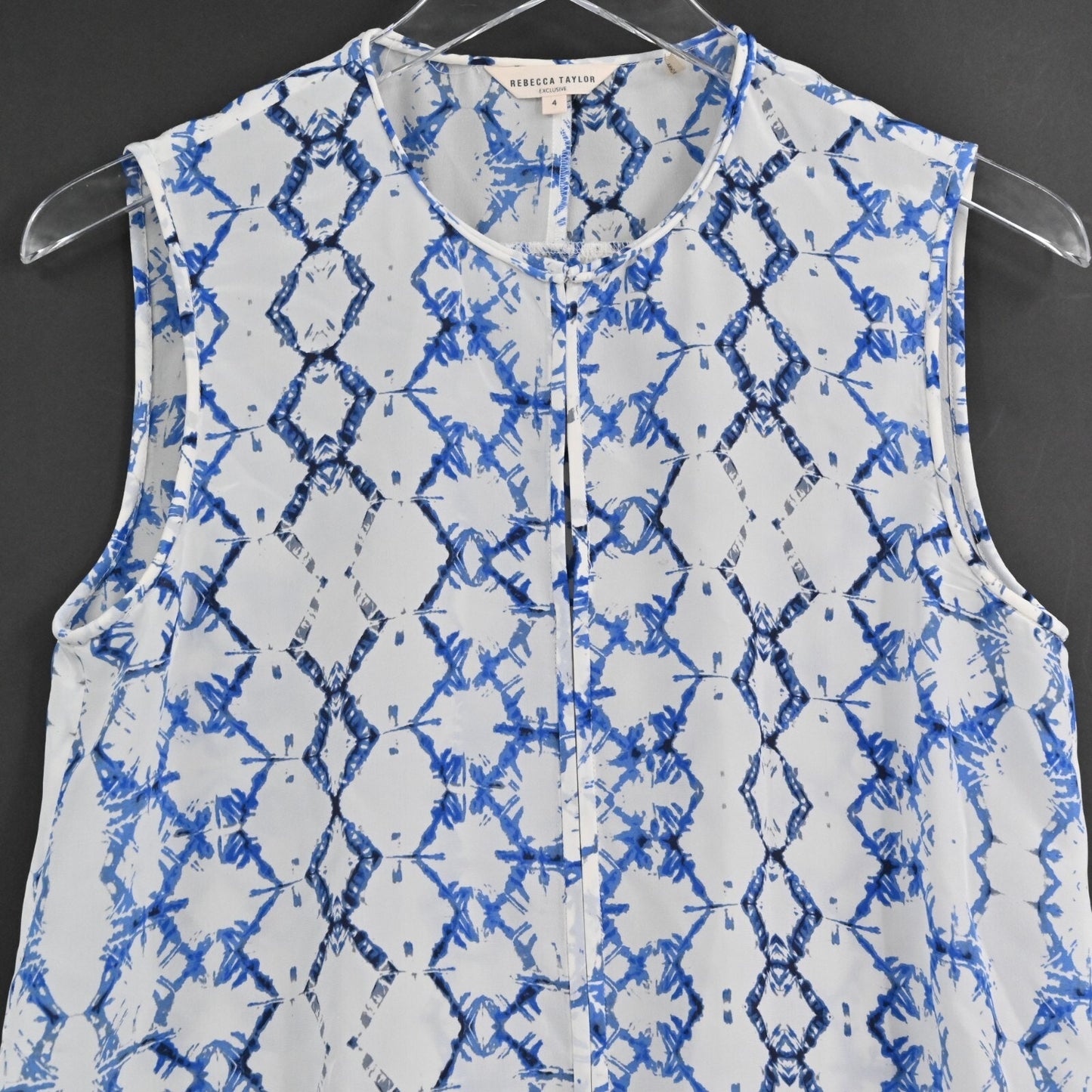 REBECCA TAYLOR Top Womens Sz 4 Exclusive Blue White Print Silk Sleeveless Blouse