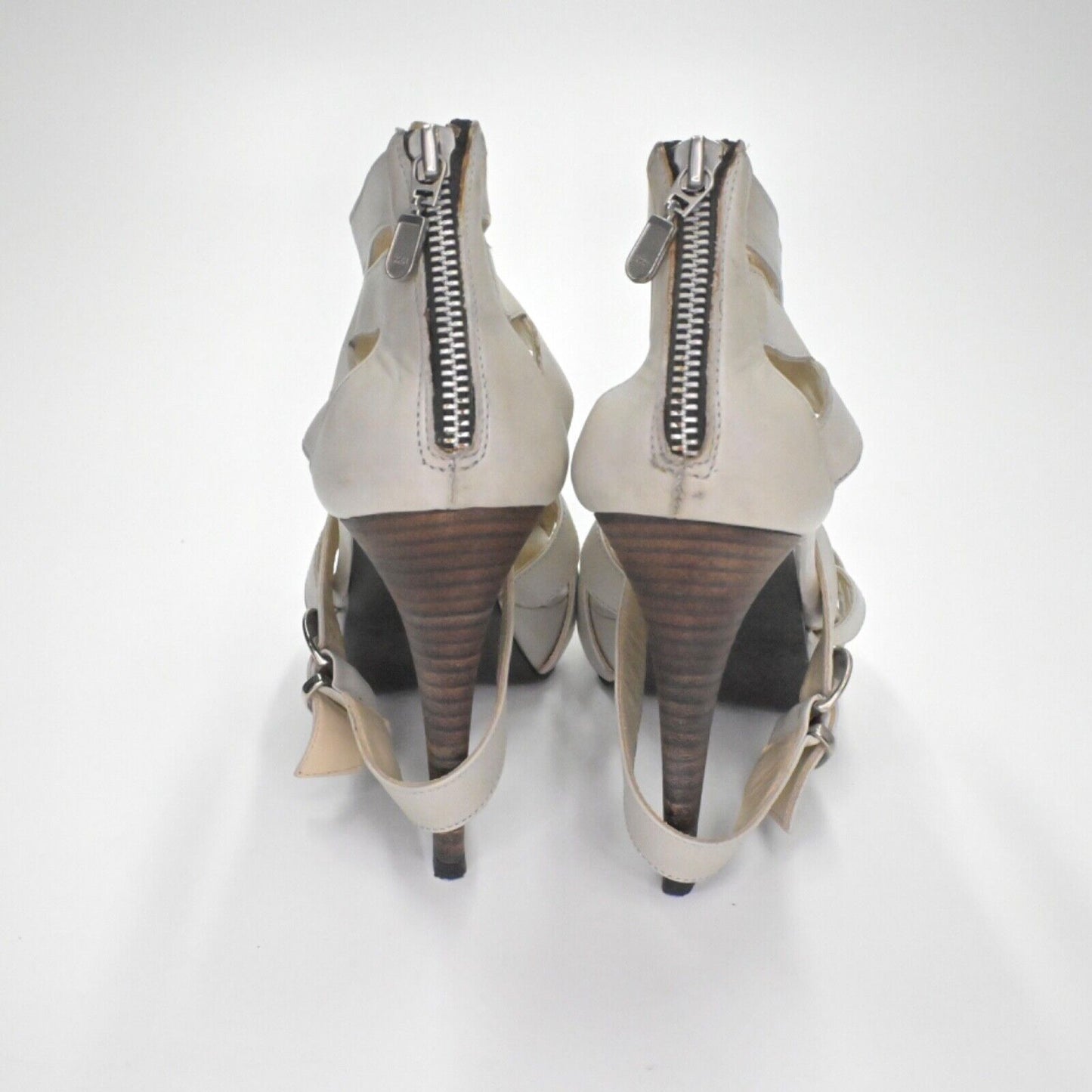 Vtg INNUE Heels Womens Size 38 Gray Leather Strappy Buckle Stiletto Back Zip 00s