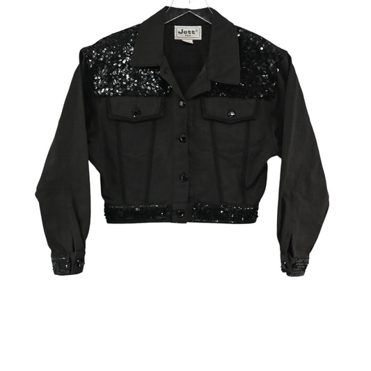 Vtg JETT PARIS Jacket Womens Size M Black 100% Cotton Denim Sequin Cropped 90s