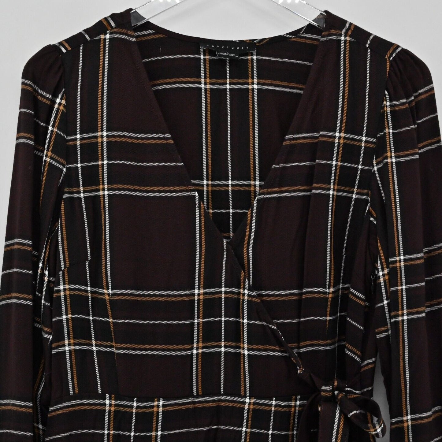 SANCTUARY Dress Womens Size 6 Upbeat Plaid Print Faux Wrap Long Sleeve VNeck
