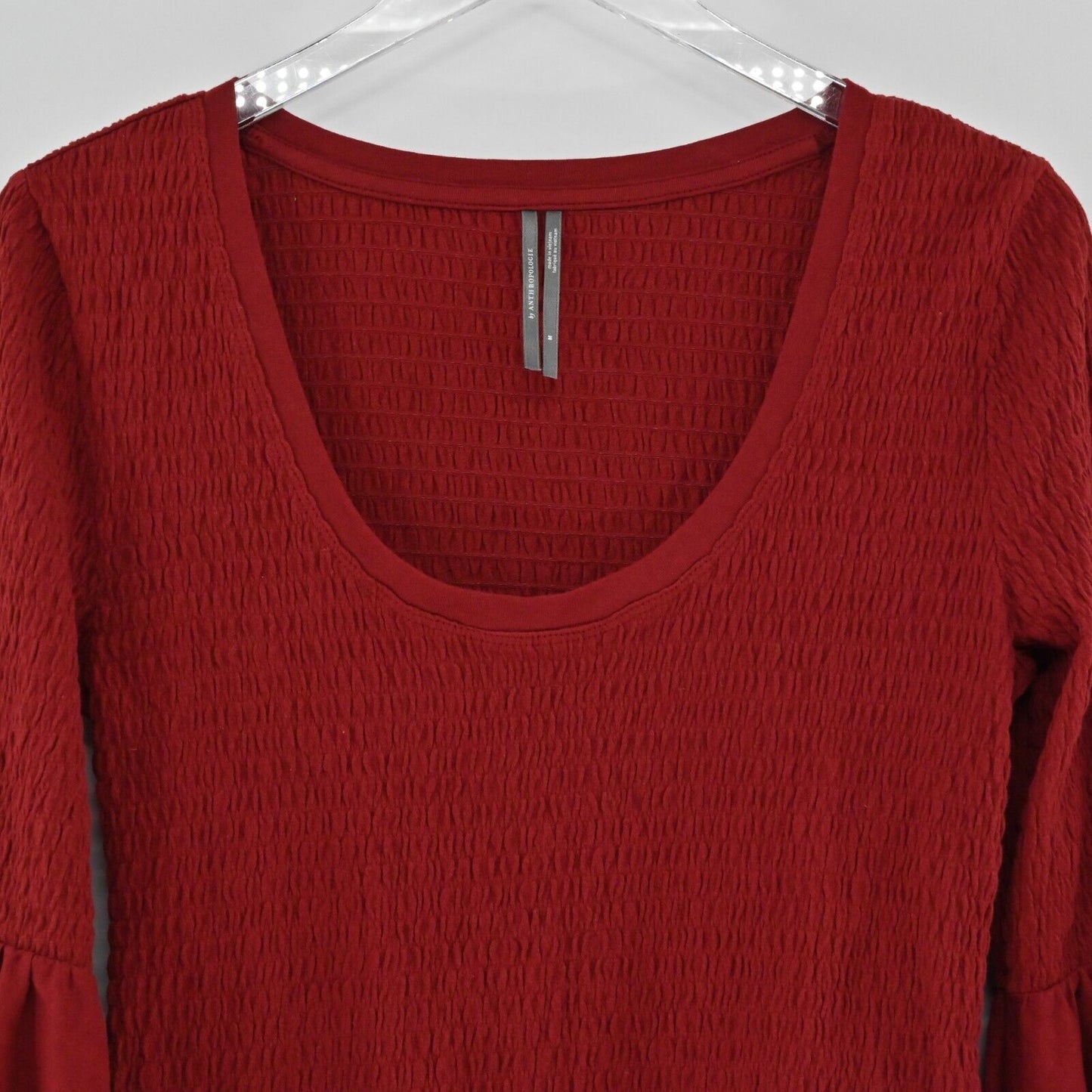 ANTHROPOLOGIE Top Womens Size M Smocked Bell Sleeve Scoop Neck Stretch Blouse