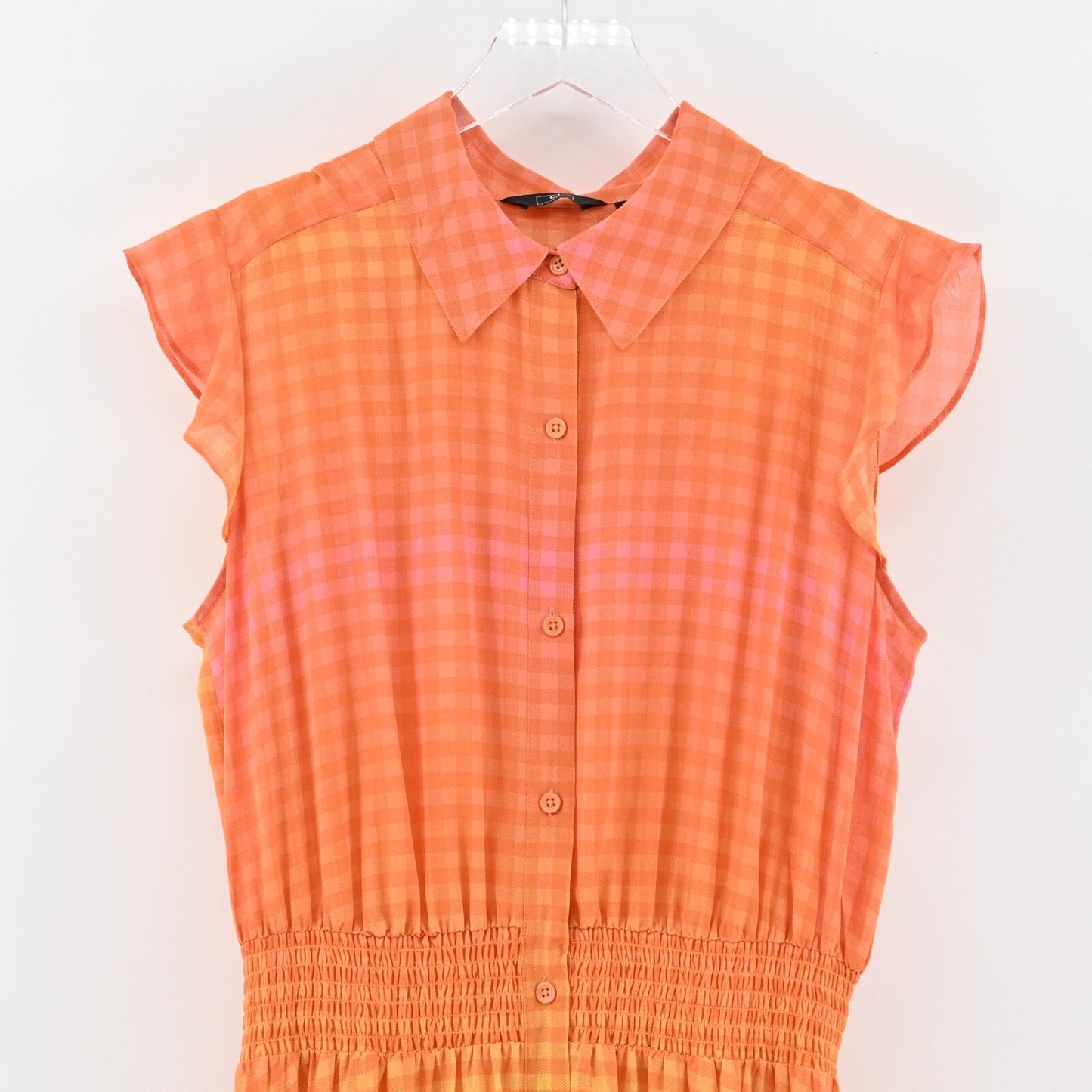 G by GIULIANA Dress Size L Orange Ombre Gingham Print Button Front Smocked Midi