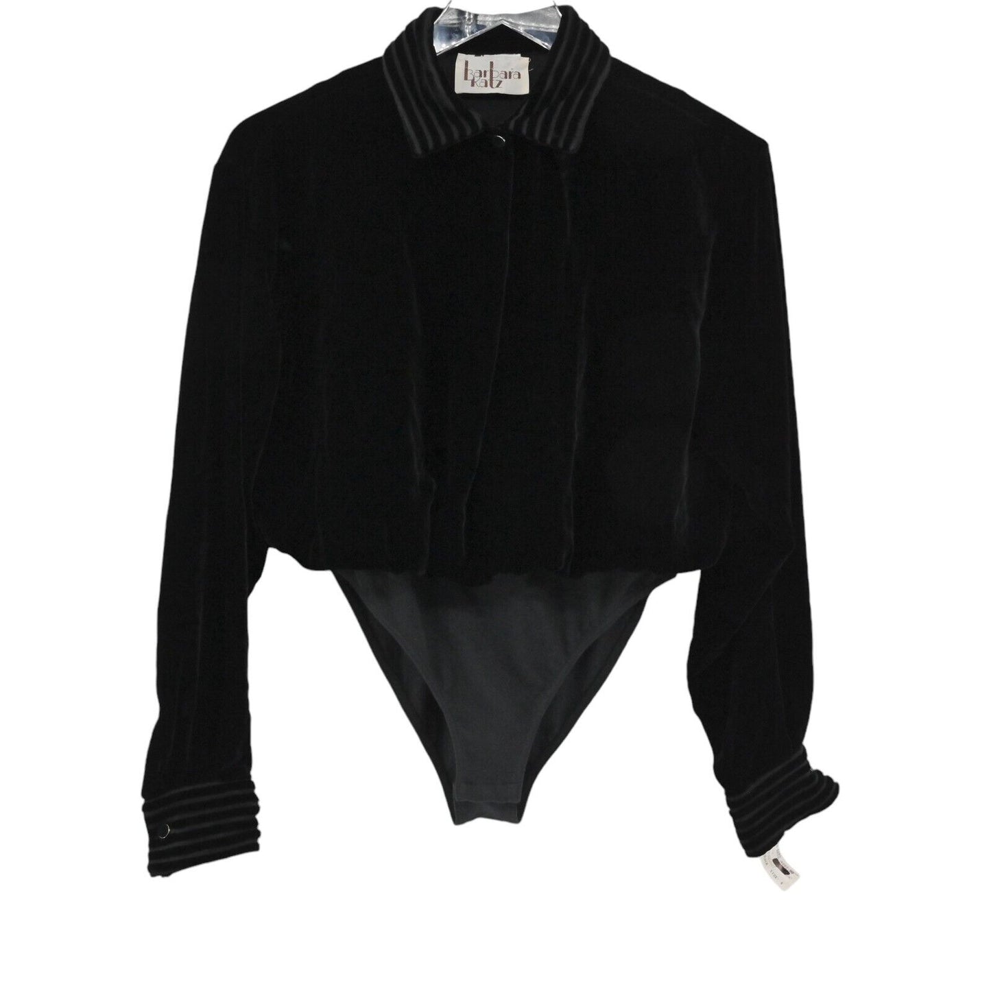 Vtg BARBARA KATZ Velvet Bodysuit Womens Size S Black Long Sleeve 80s Deadstock