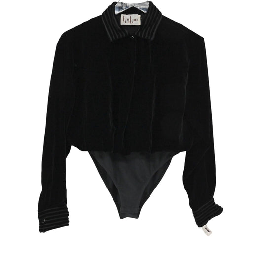 Vtg BARBARA KATZ Velvet Bodysuit Womens Size S Black Long Sleeve 80s Deadstock