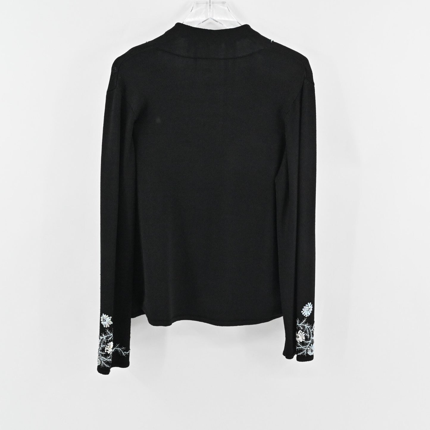 SIGRID OLSEN Womens Beaded Jacket Sz XL Black Sequin Floral Trim Knit Cardigan