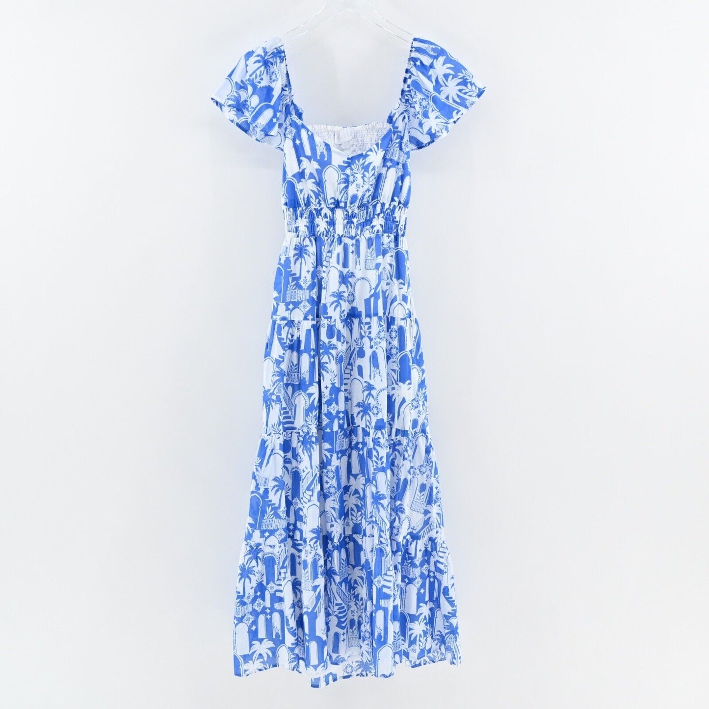 SUGARLIPS Dress Sz S Nala Maxi Blue Tropical Print Cotton Ruffle Flutter Sleeve