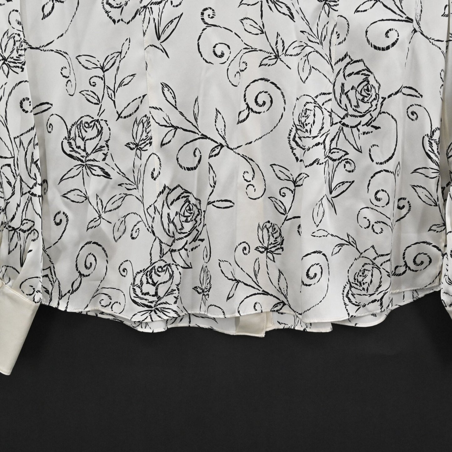 Vtg Womens Floral Silk Top Size 10 Satin Black Ivory Print Blouse STARINGTON 80s