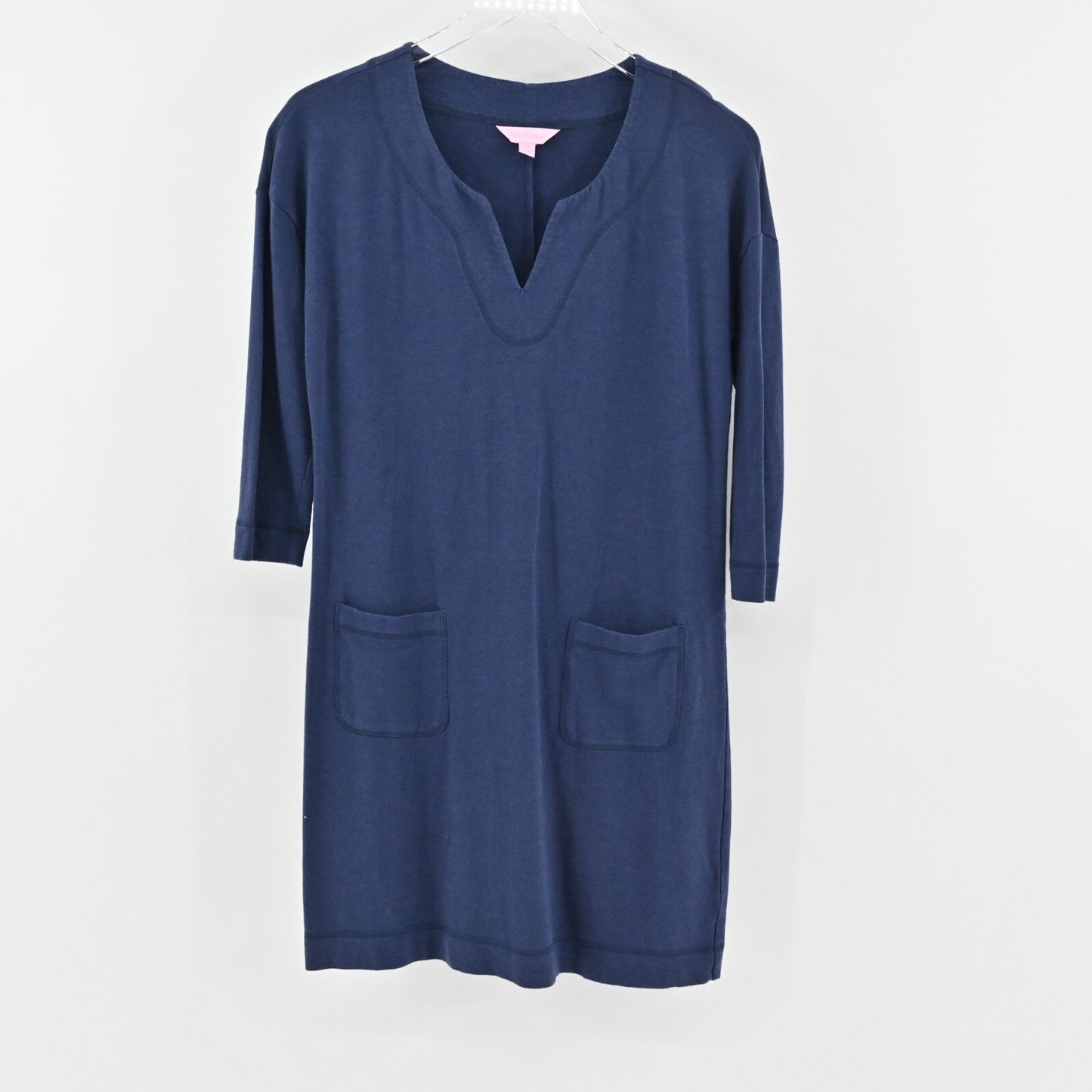 LILLY PULITZER Joyce Shift Dress Sz XS UPF 50+ True Navy 3/4 Sleeve Patch Pocket