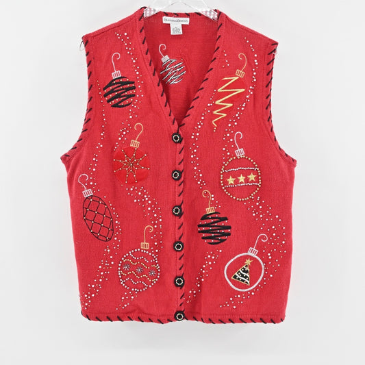 Vtg Holiday Sweater Vest Womens 2XL Beaded Red Ugly Christmas Ornaments Knit 80s