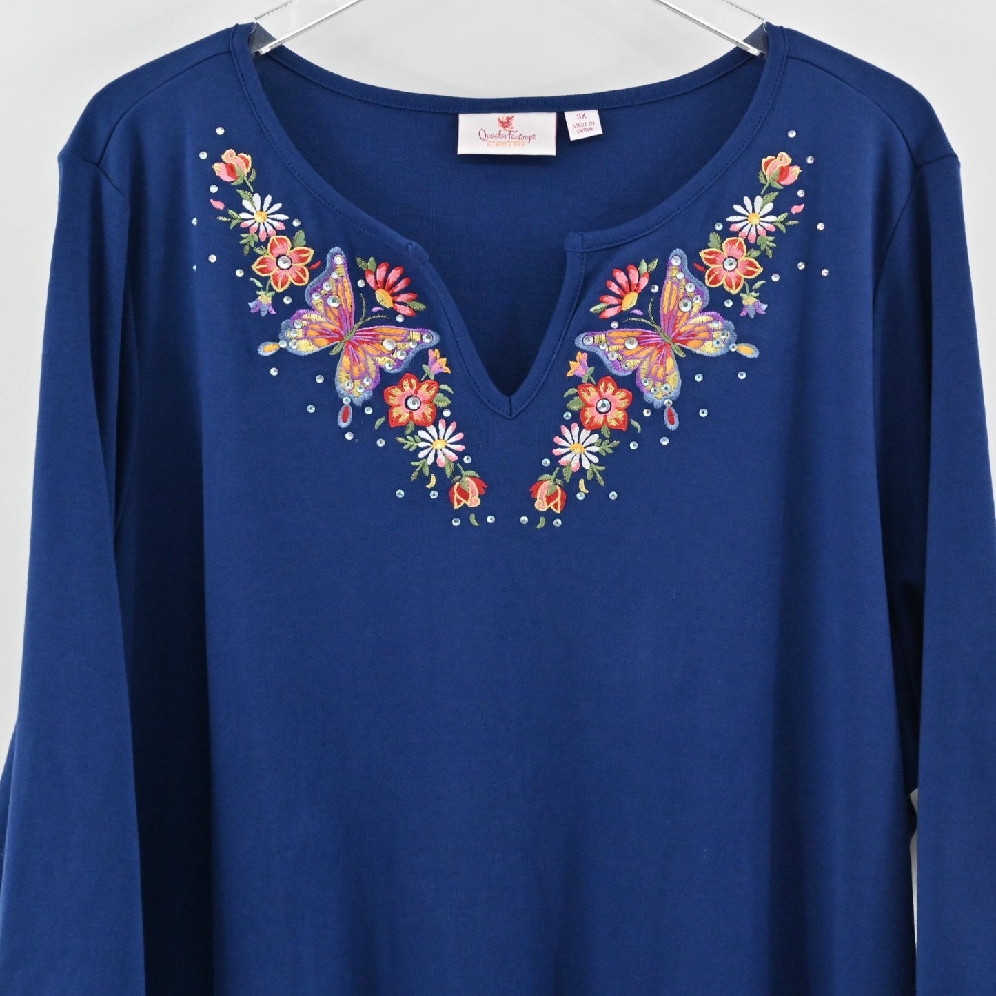 Quacker Factory Womens Spring is in the Air Split Neck Top Size 3X Embroidered