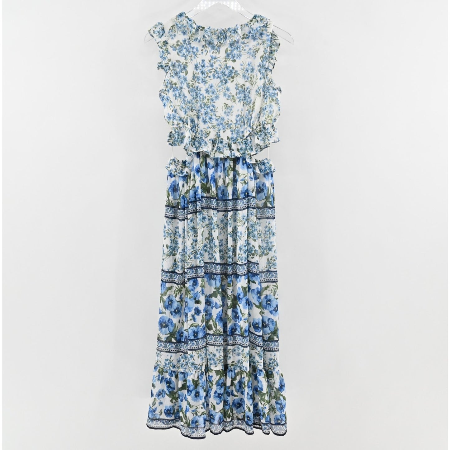 Moon River Ruffled Floral Print Maxi Dress Size L Blue Multi Sleeveless Cut Out