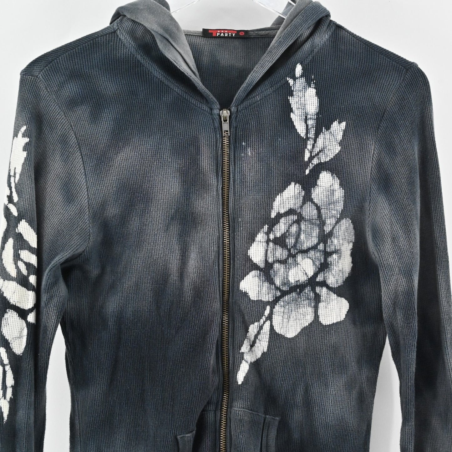 Vtg Y2k T PARTY Womens Jacket Size S Full Zip Hooded Tie Dye Flower Navy Casual