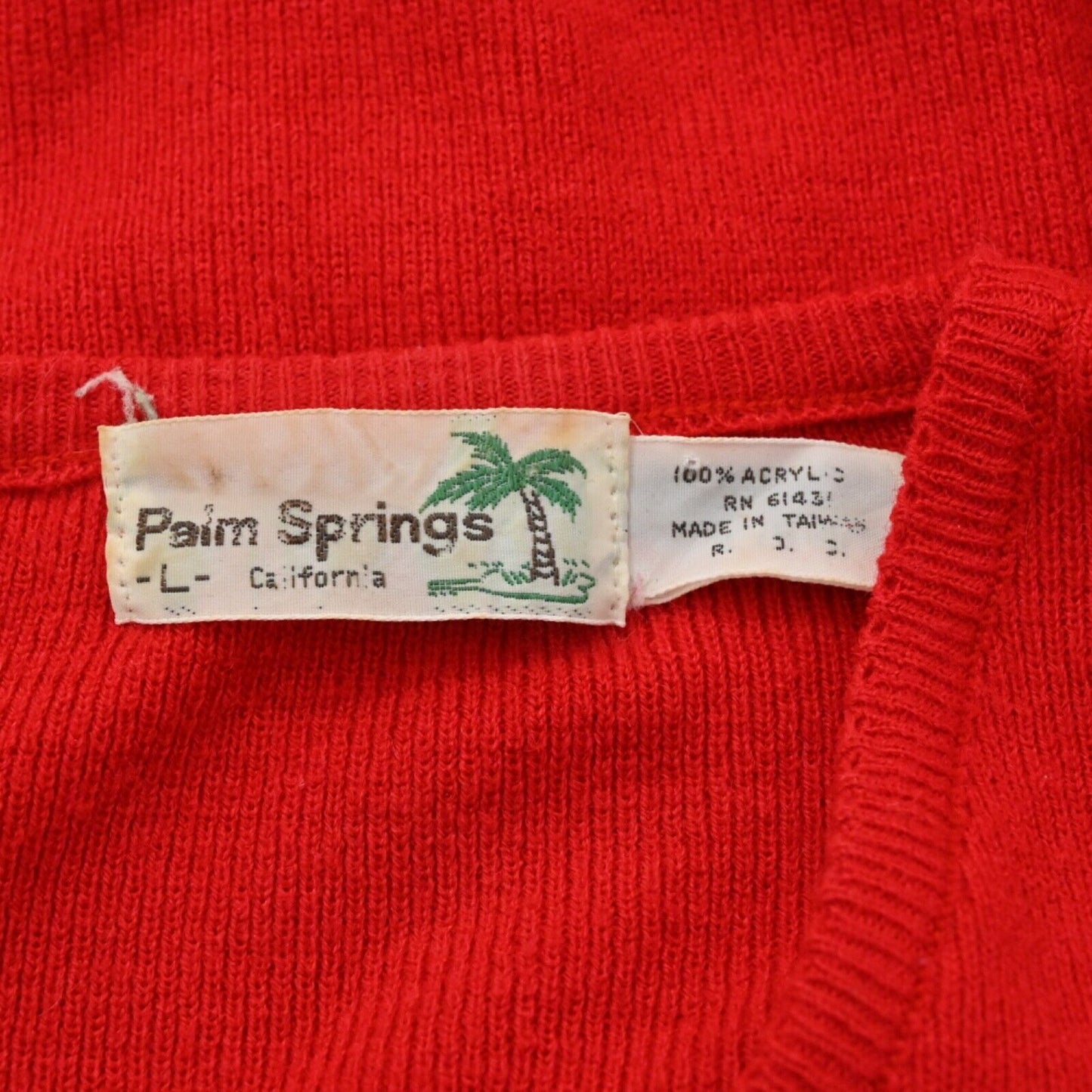Vtg PALM SPRINGS Novelty Golf Sweater Womens Size L Red Embroidered V Neck 80s