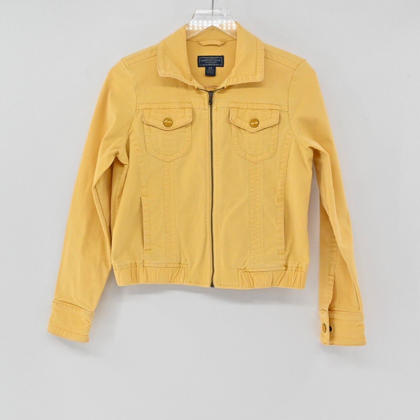 Vtg AMERICAN EAGLE Jean Jacket Womens Size M Yellow Denim Zip Up Pockets Y2k