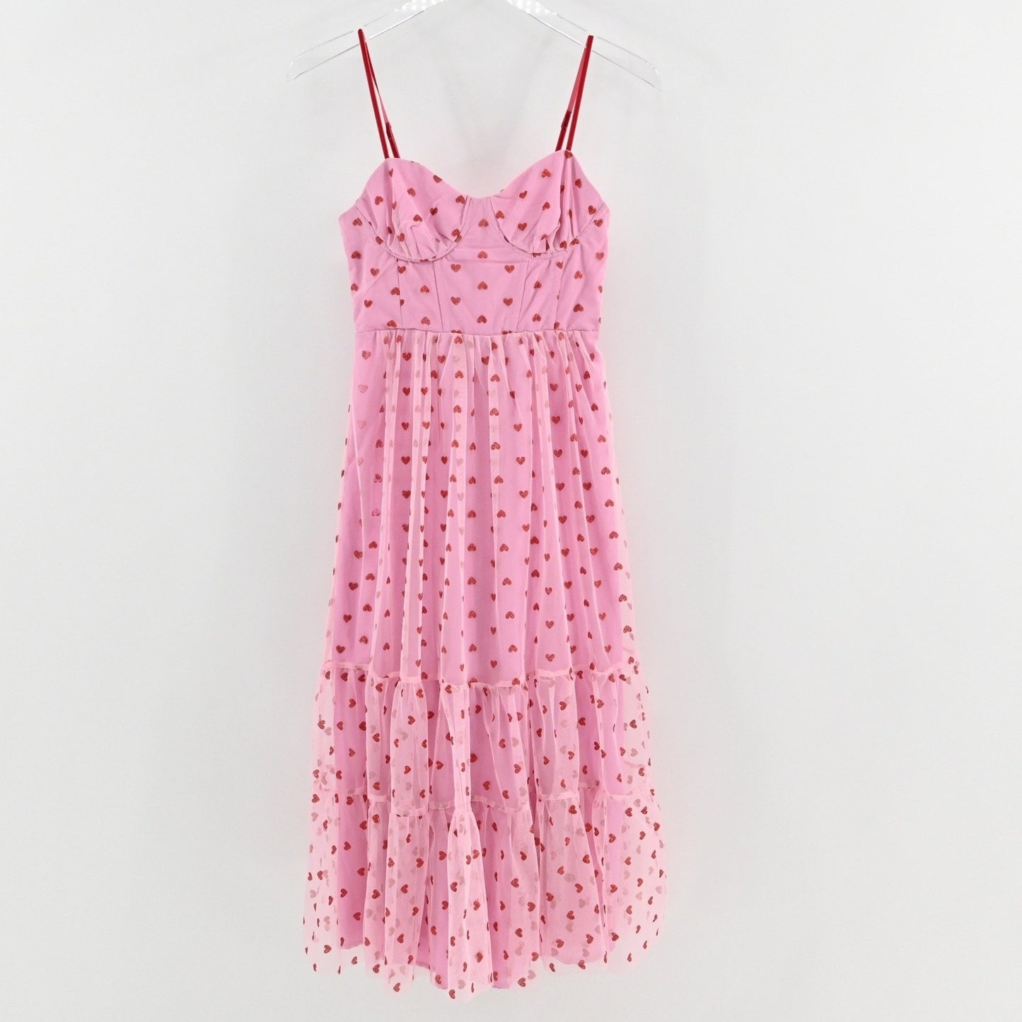 Betsey Johnson Foil Printed Tiered Sweetheart Dress Size 2 Heart Pink Romantic