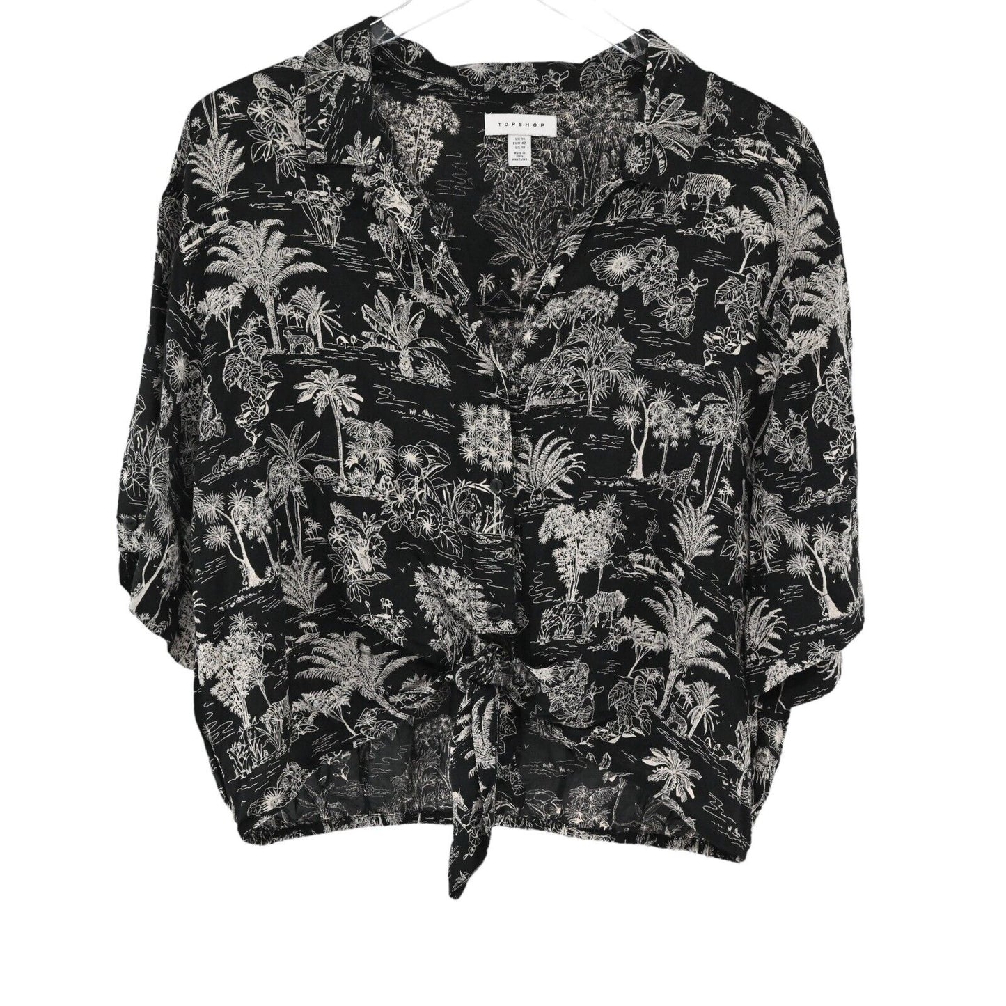 TOPSHOP Top Womens Size 10 Black White Tropical Savanna Print Tie Up Button Up