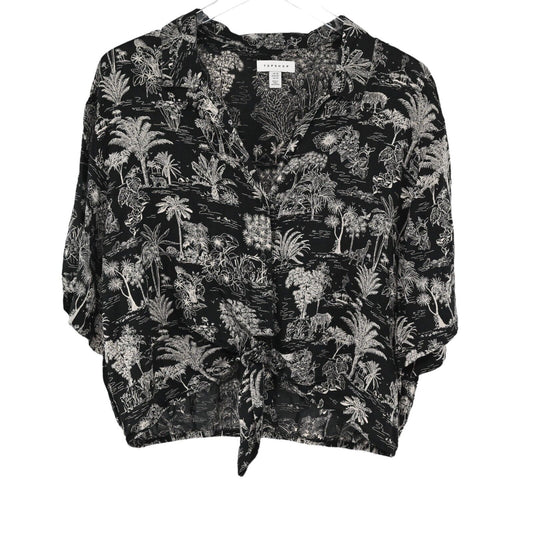 TOPSHOP Top Womens Size 10 Black White Tropical Savanna Print Tie Up Button Up
