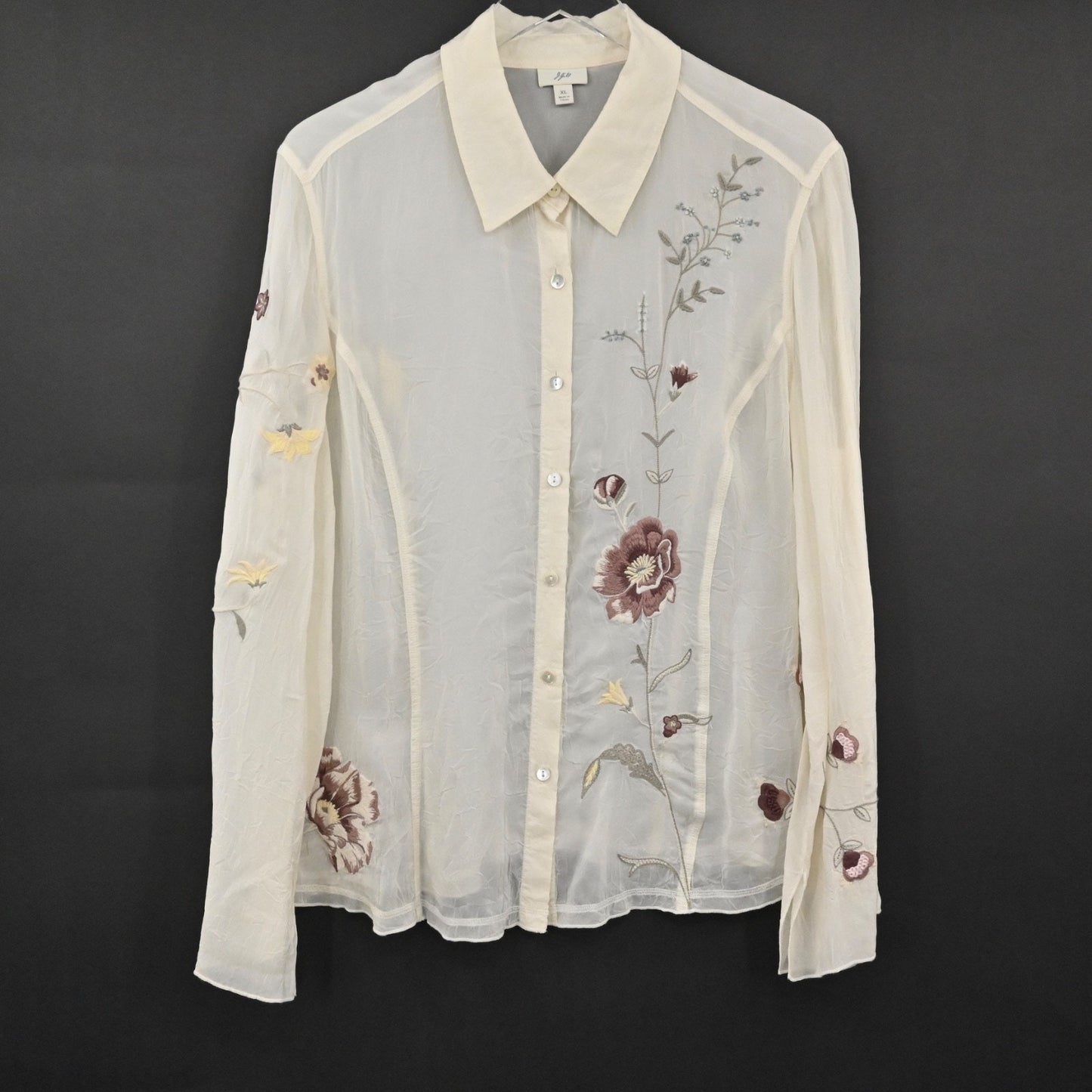 J JILL Womens Embroidered Button Up Top Sz XL Ivory Floral Sheer Boho Retro 00s