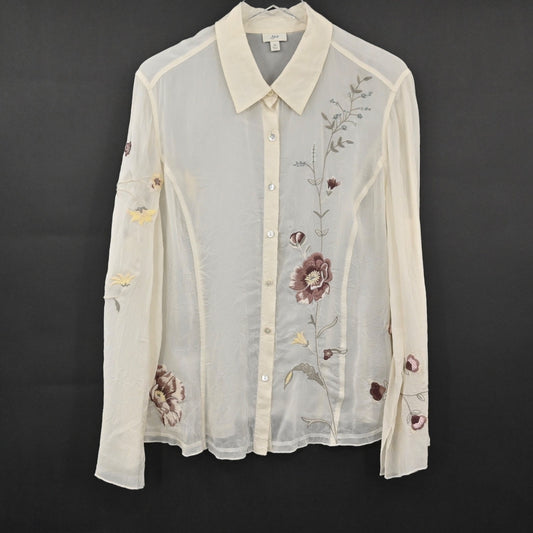 J JILL Womens Embroidered Button Up Top Sz XL Ivory Floral Sheer Boho Retro 00s