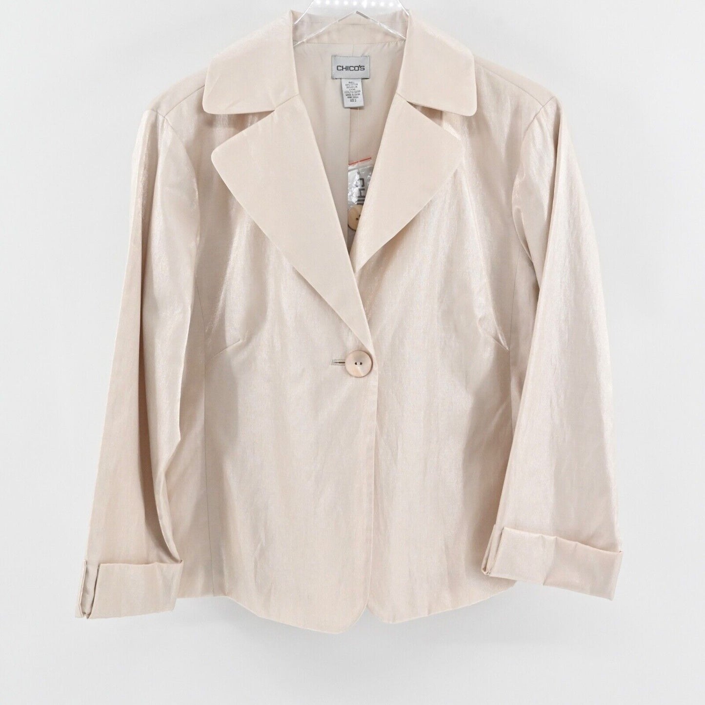 CHICOS Jacket Womens Size L Beige Metallic Cotton Blend Button Front Ailene NEW