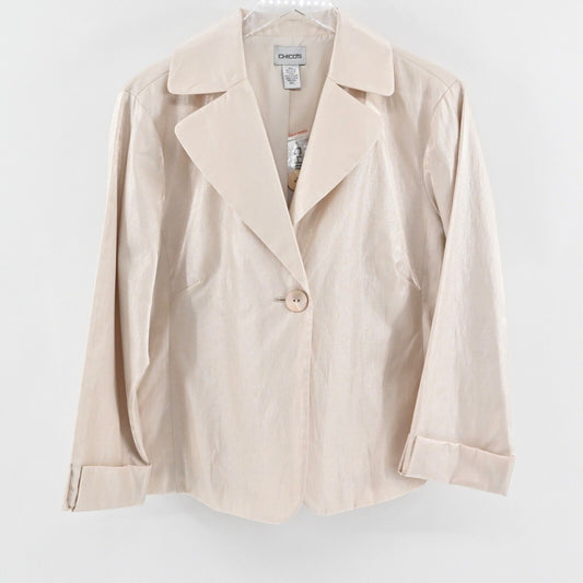 CHICOS Jacket Womens Size L Beige Metallic Cotton Blend Button Front Ailene NEW