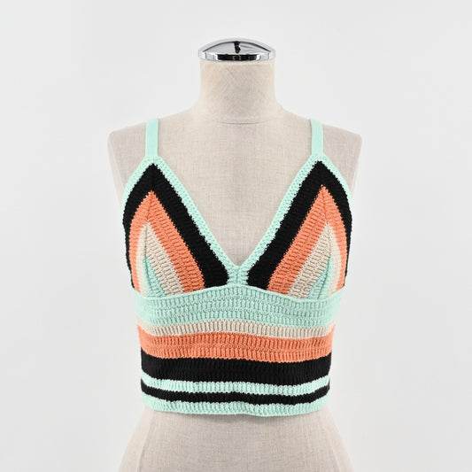Zara Crochet Knit Crop Top Striped V Neck Sleeveless Summer Casual Boho
