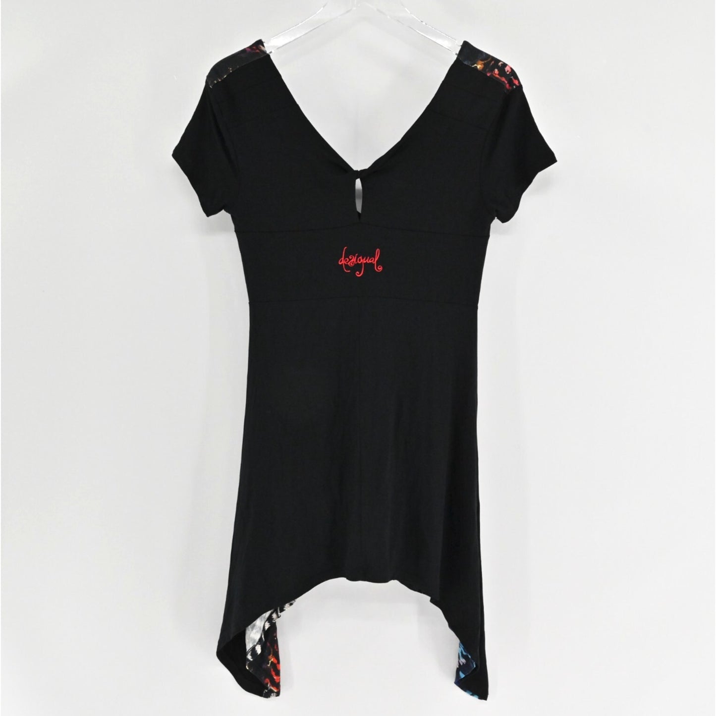 DESIGUAL Womens Asymmetrical Dress Sz S Black Floral Tropical Short Sleeve VNeck