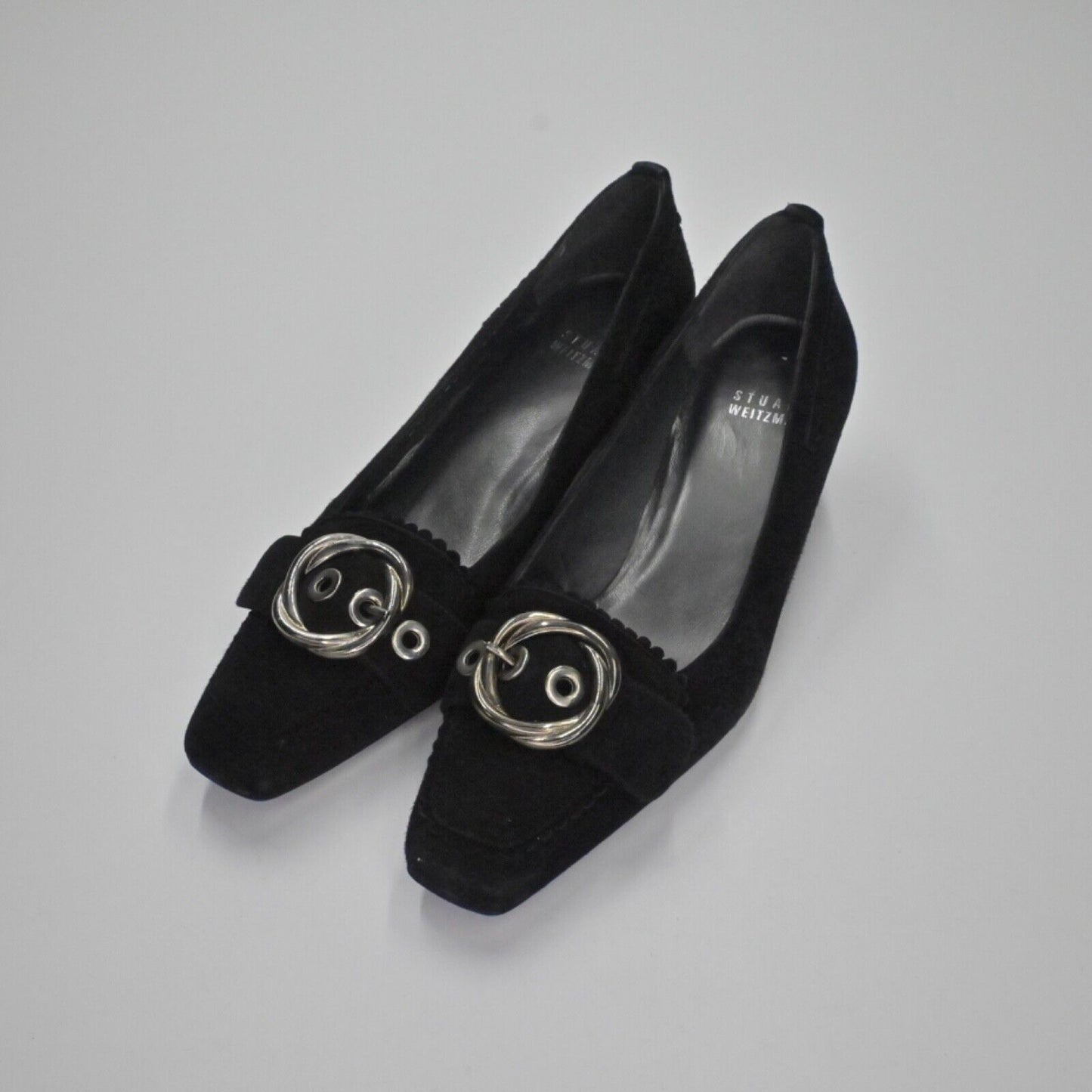 Vtg STUART WEITZMAN Pumps Womens Sz 5.5 Black Suede Buckle Square Toe Block Heel