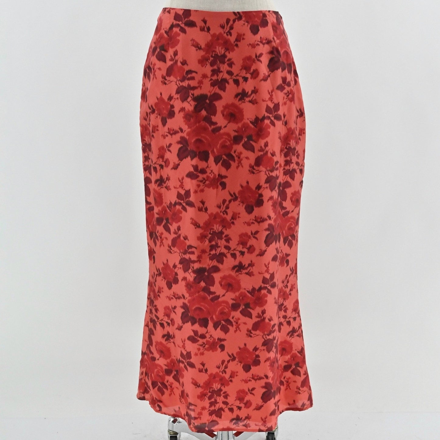 Vtg Y2k Silk Floral Maxi Skirt 8 Red Romantic Feminie Rose Lined Deadstock USA
