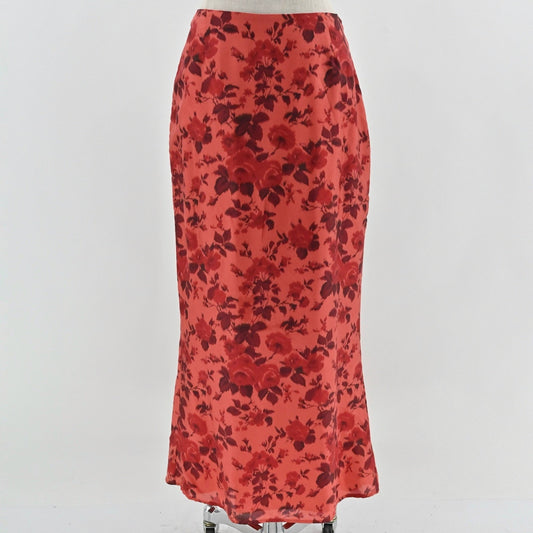 Vtg Y2k Silk Floral Maxi Skirt 8 Red Romantic Feminie Rose Lined Deadstock USA