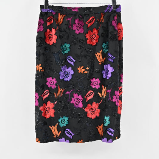 Vtg Floral Skirt Sz S Velvet Metallic Black Bright Flower Pencil 80s FRANK USHER