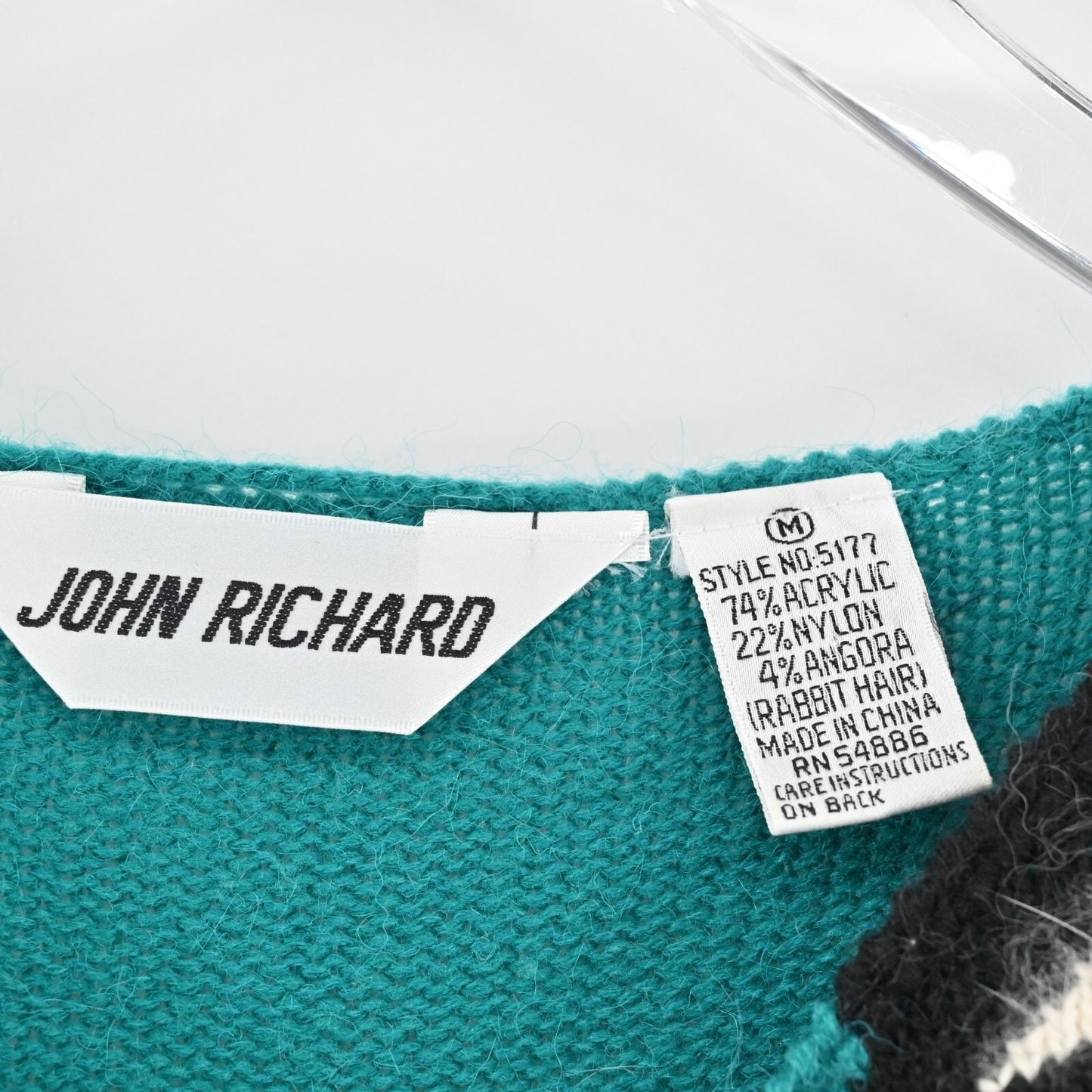 Vtg JOHN RICHARD Sweater Dress Angora Hair Sz M Knit Zig Zag Lightning Teal 80s