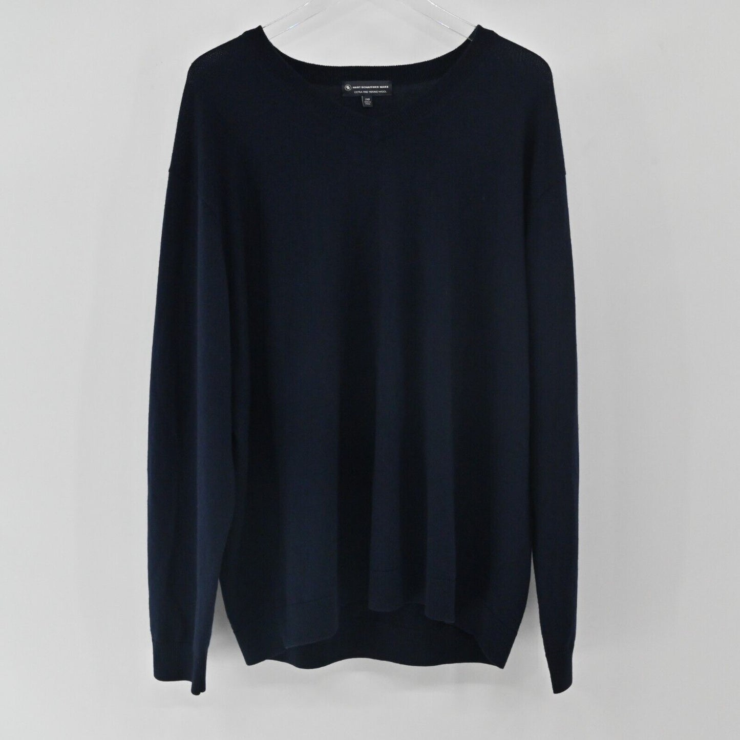 HART SCHAFFNER MARX Sweater Mens Sz 2XB Navy Blue Merino Wool Lightweight VNeck