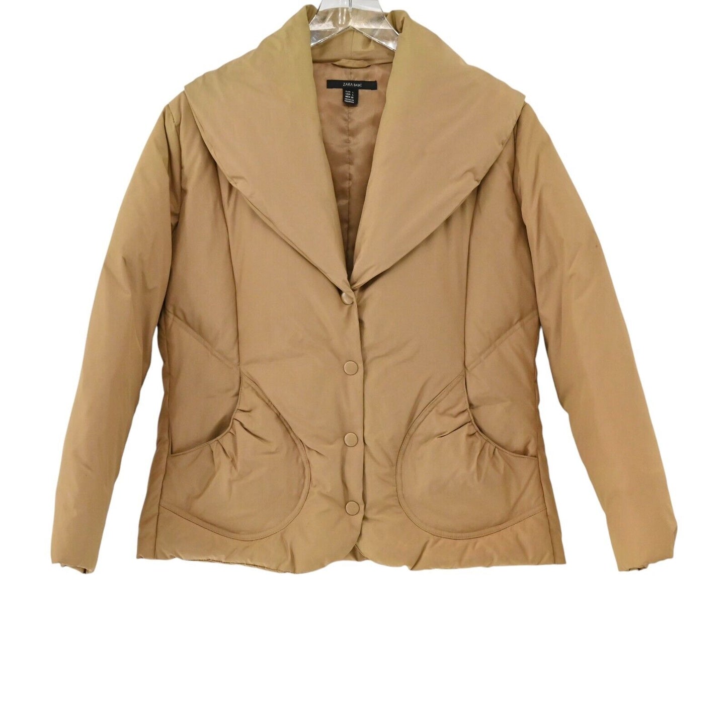 ZARA Jacket Womens Size L Basic Puffer Long Sleeve Brown Button Coat Wide Collar