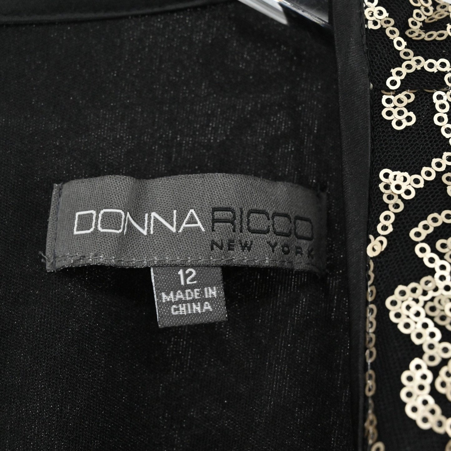Donna Ricco Sequin Dress Size 12 Black Gold Sleeveless Retro Glam Cocktail Chic