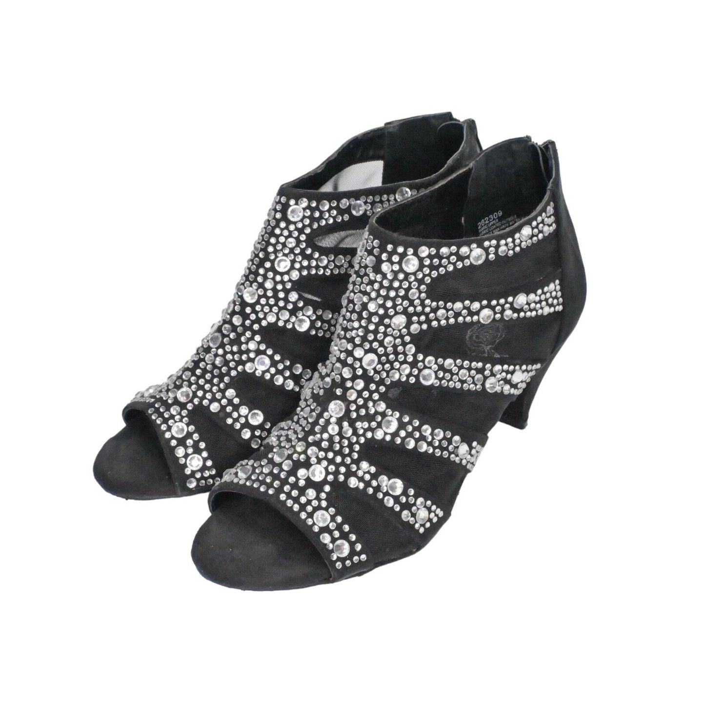 Vtg JOAN BOYCE Heels Womens Sz 7.5 Black Faux Suede Mesh Rhinestone Peep Toe Y2K