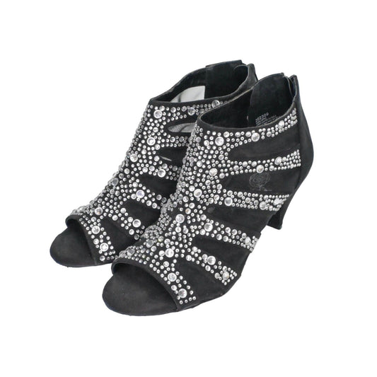Vtg JOAN BOYCE Heels Womens Sz 7.5 Black Faux Suede Mesh Rhinestone Peep Toe Y2K
