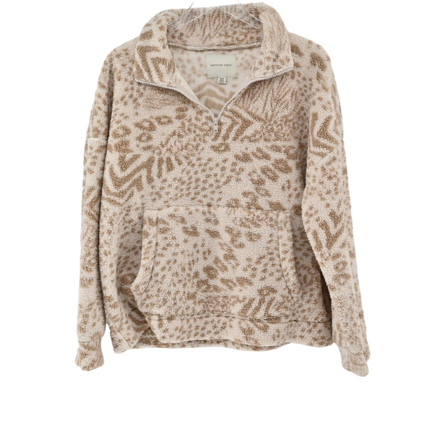 AMERICAN EAGLE Jacket Women Sz M Tan Animal Print Sherpa Fleece 1/4 Zip Pullover