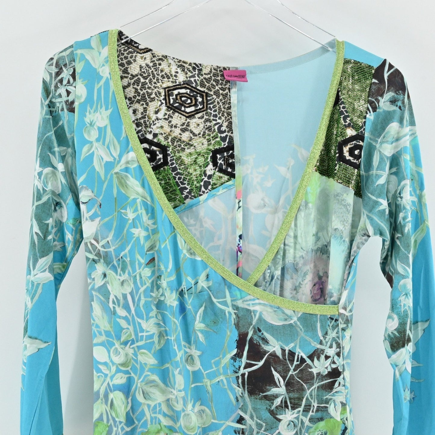 Save The Queen Wrap Dress Sz S Italy Turquoise Floral Mesh Long Sleeve Eclectic