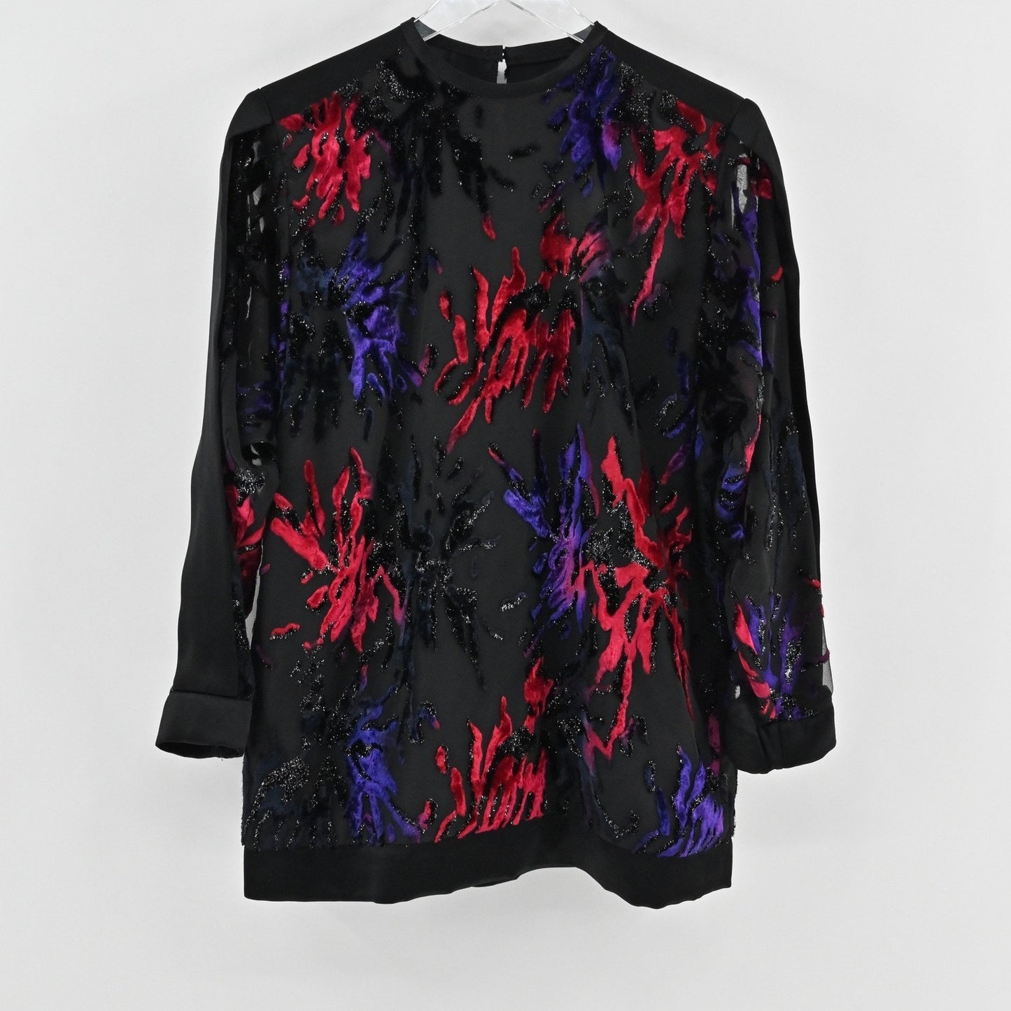 Vtg 80 Velvet Burnout Top Size 10 Dramatic Dopamine Retro Glam Red Purple Sheer